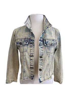 Veveret Rhinestone Studded Denim Jacket Cropped Distressed tie small dye style